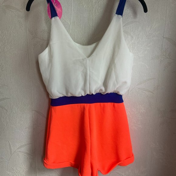 Blue Mint Orange Blue Dayglow Romper NWT, Size S - Picture 1 of 4